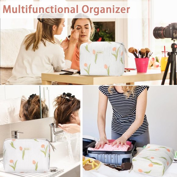 Women Kawaii Floral Cosmetic Large Travel Toiletry Cosmetic Pouch Creamy Tulip - Picture 5 of 7